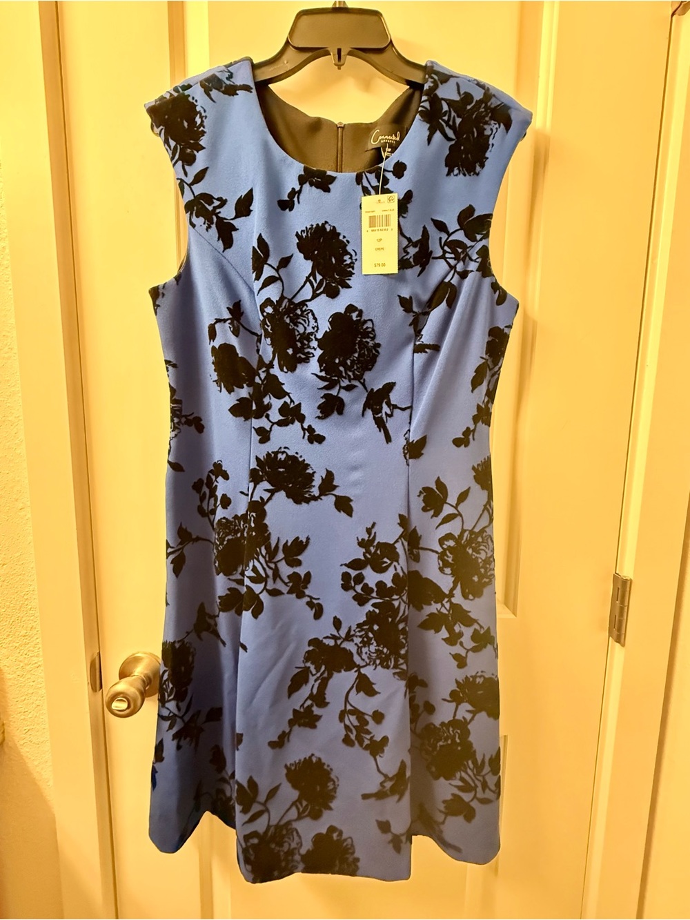 Connected Apparel Cobalt Blue Black Floral Crepe Dress 12P Petite